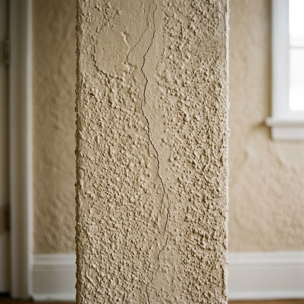 Detalle de una grieta vertical estrecha aparecida sobre una pared con textura de gotelé en tonos beige