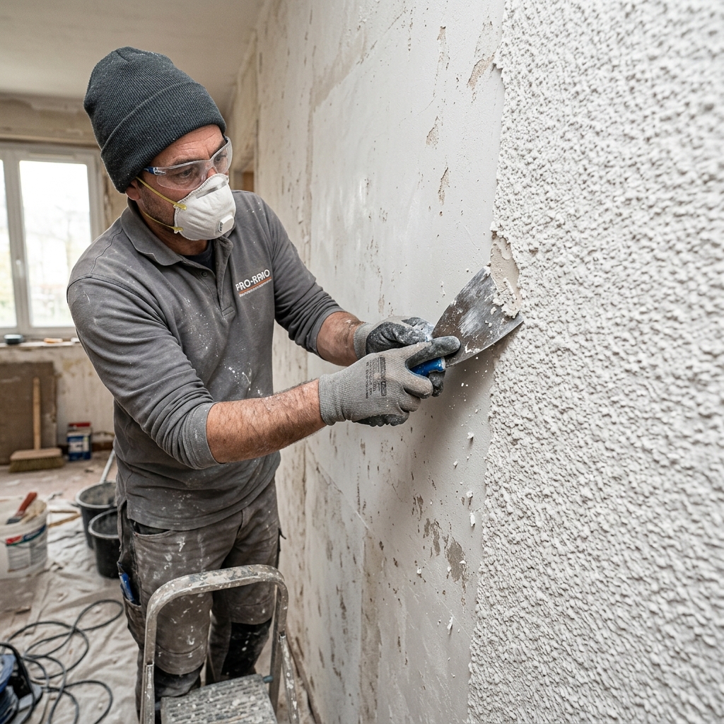 Pintor profesional rascando el gotelé de una pared con una espátula para dejarla lisa
