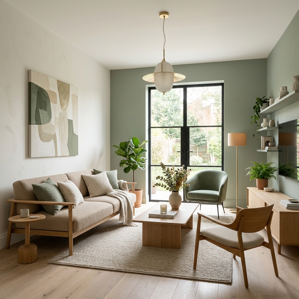 Salón moderno pintado con colores tendencia de 2026, verde salvia y blanco cálido, con mobiliario minimalista de madera