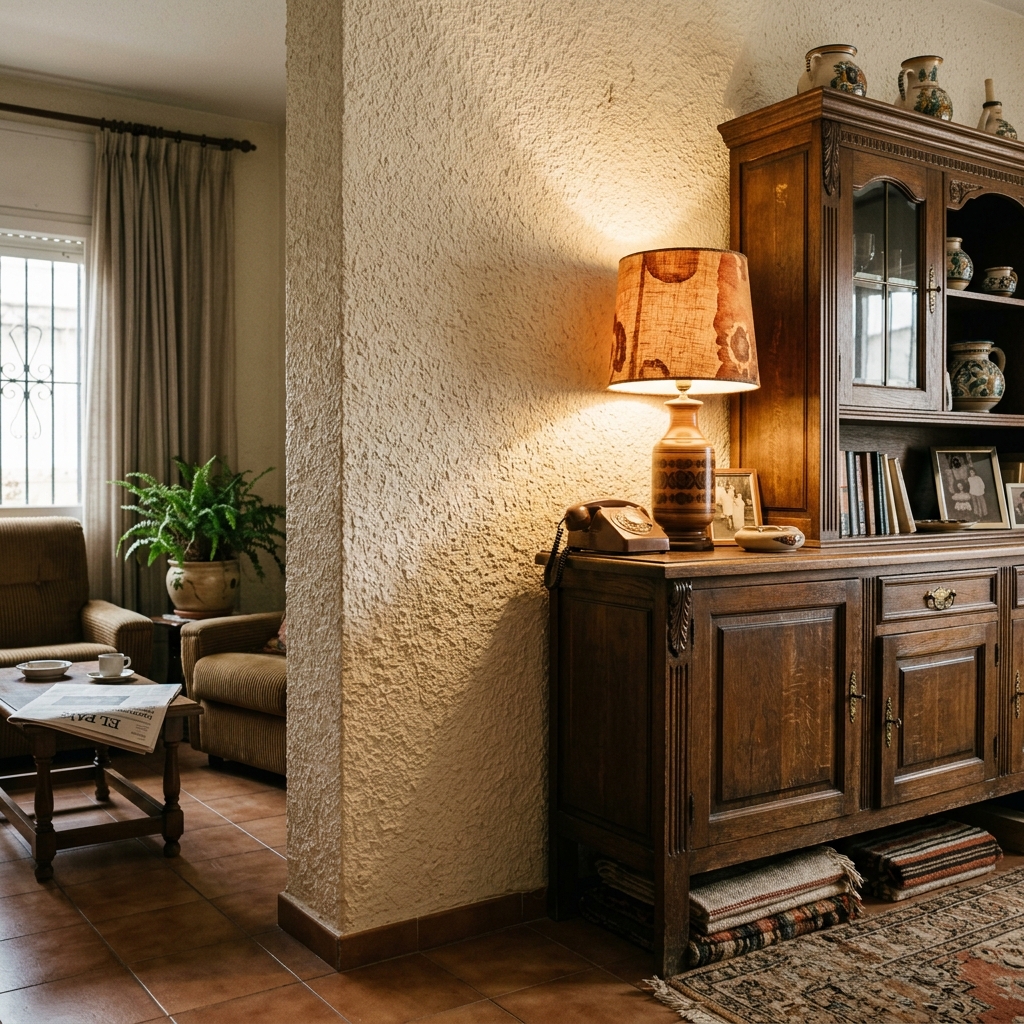 Pared clásica con gotelé en una vivienda española de los años 80